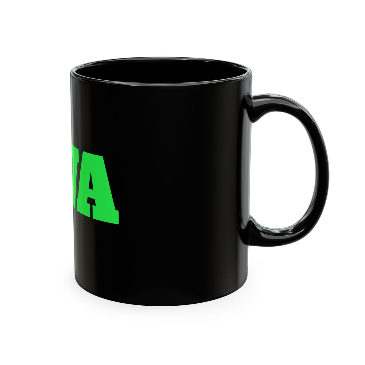 IWA Bold Green Logo Ceramic Mug — Black Coffee Cup