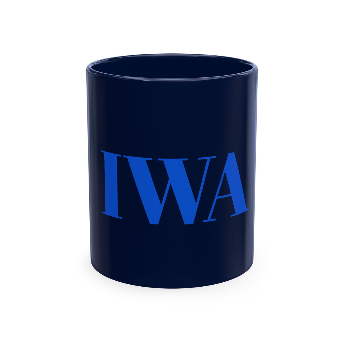 IWA Monogram Ceramic Mug — Minimalist Beige Coffee Cup with Bold Blue Letters