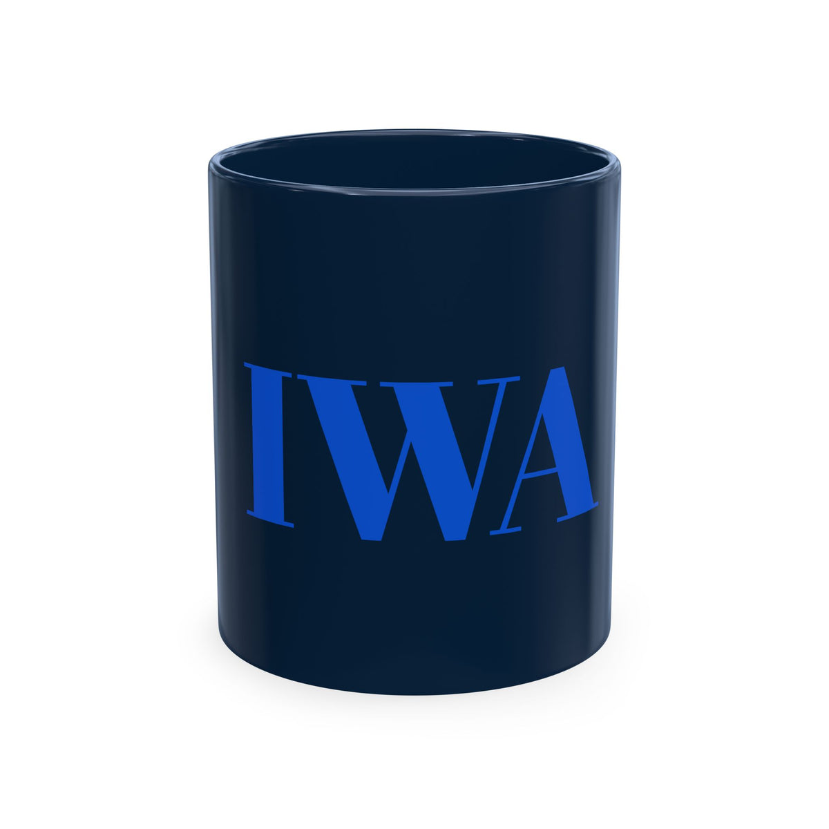 IWA Monogram Ceramic Mug — Minimalist Beige Coffee Cup with Bold Blue Letters