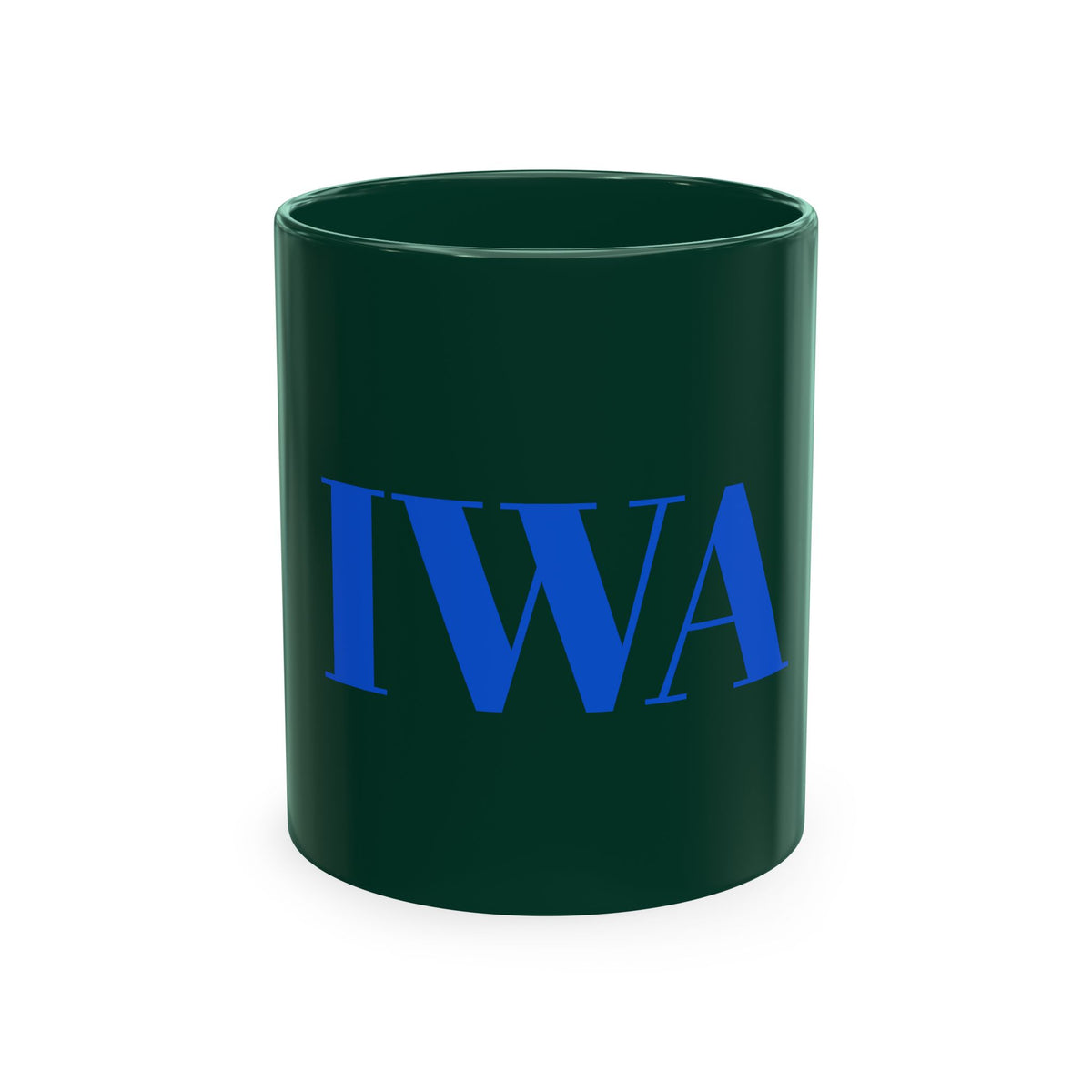 IWA Monogram Ceramic Mug — Minimalist Beige Coffee Cup with Bold Blue Letters