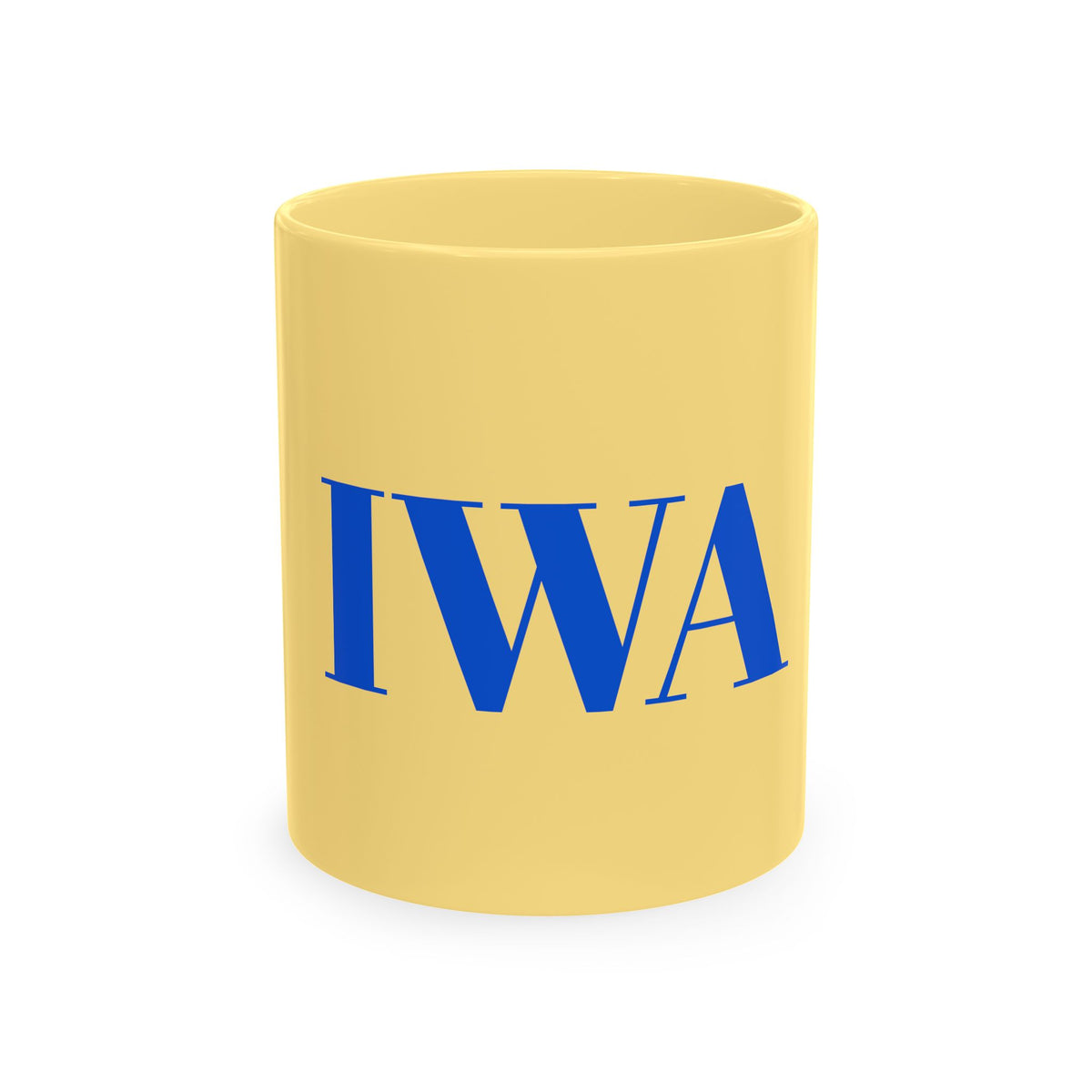 IWA Monogram Ceramic Mug — Minimalist Beige Coffee Cup with Bold Blue Letters