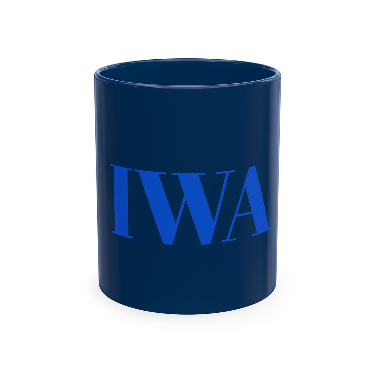 IWA Monogram Ceramic Mug — Minimalist Beige Coffee Cup with Bold Blue Letters