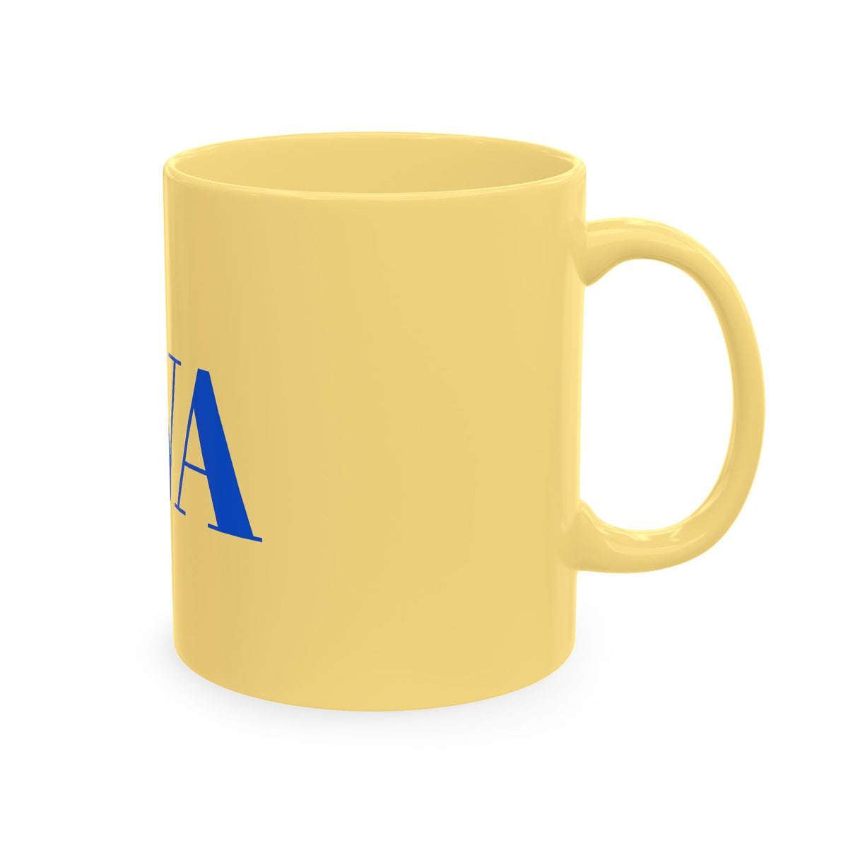IWA Monogram Ceramic Mug — Minimalist Beige Coffee Cup with Bold Blue Letters
