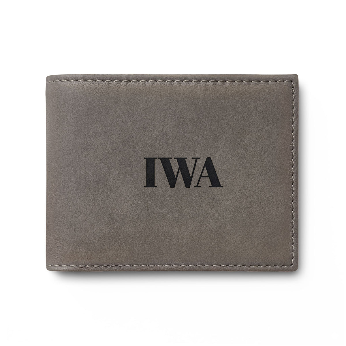 Gray Leather Bi-Fold Wallet with Flip — Personalized IWA Monogram
