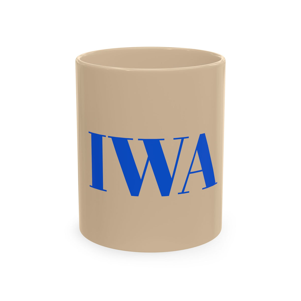 IWA Monogram Ceramic Mug — Minimalist Beige Coffee Cup with Bold Blue Letters