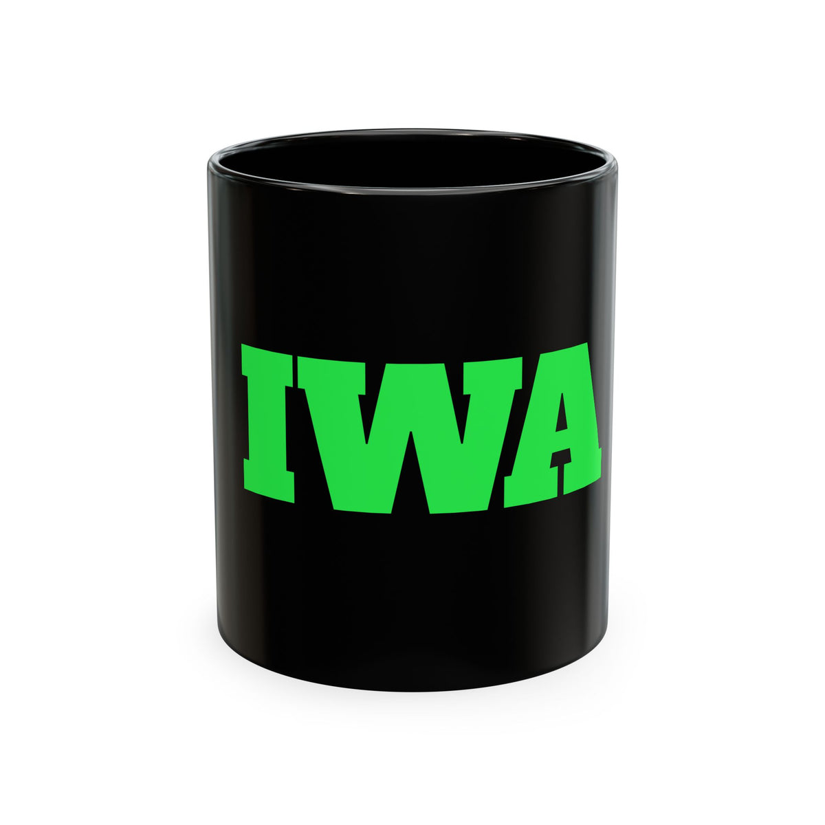 IWA Bold Green Logo Ceramic Mug — Black Coffee Cup