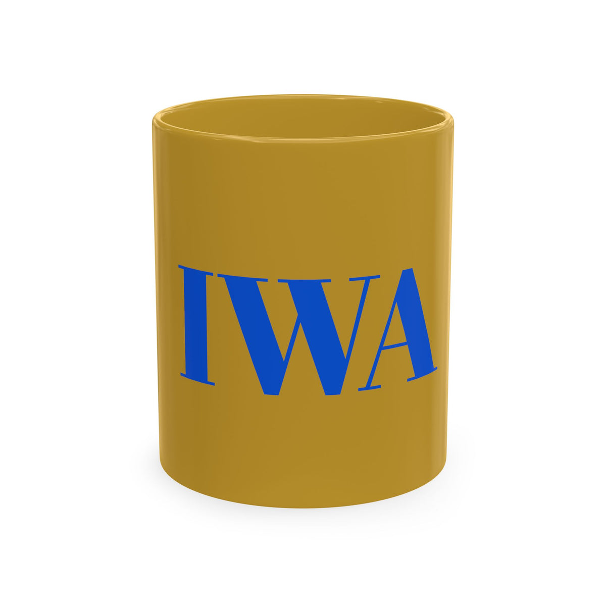 IWA Monogram Ceramic Mug — Minimalist Beige Coffee Cup with Bold Blue Letters