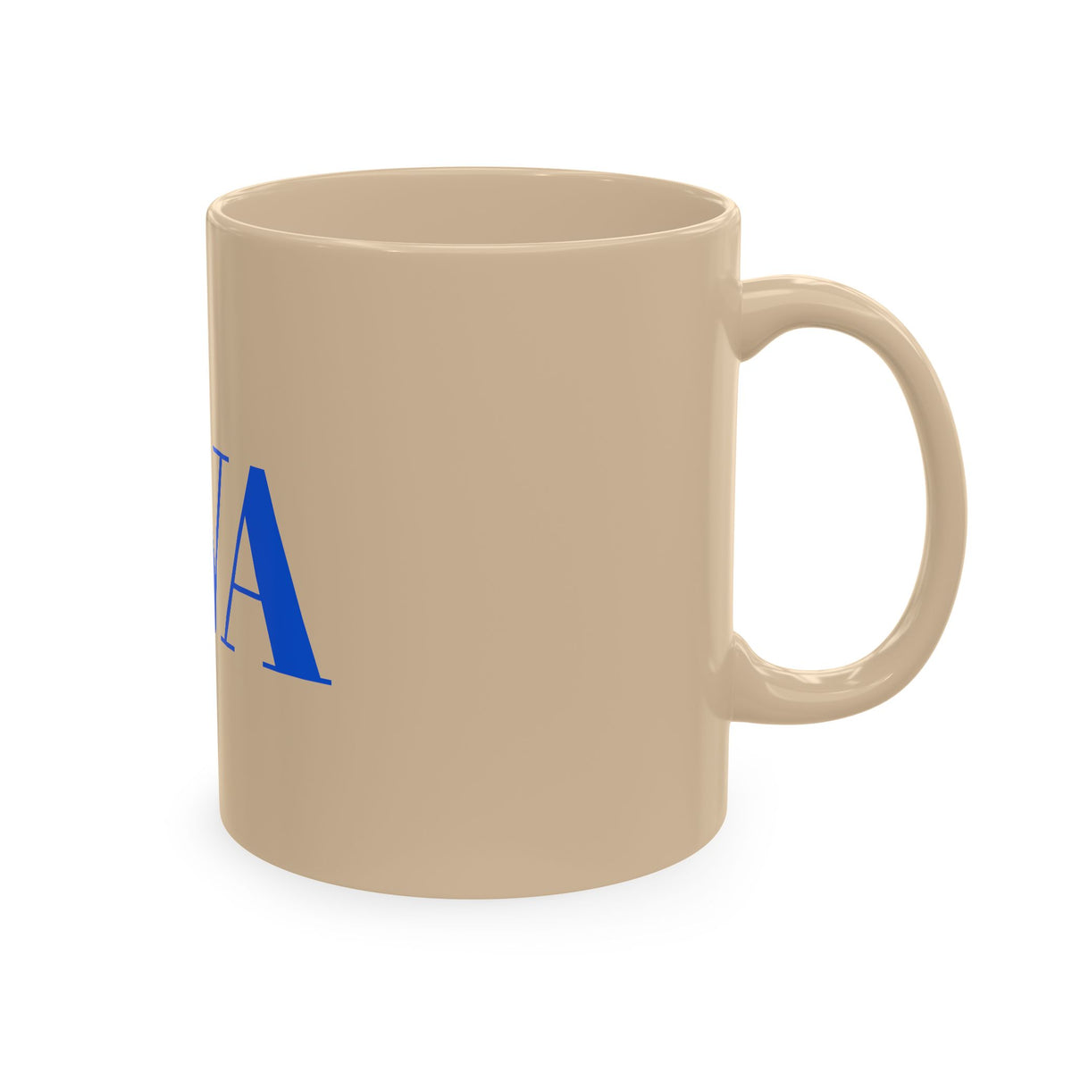 IWA Monogram Ceramic Mug — Minimalist Beige Coffee Cup with Bold Blue Letters