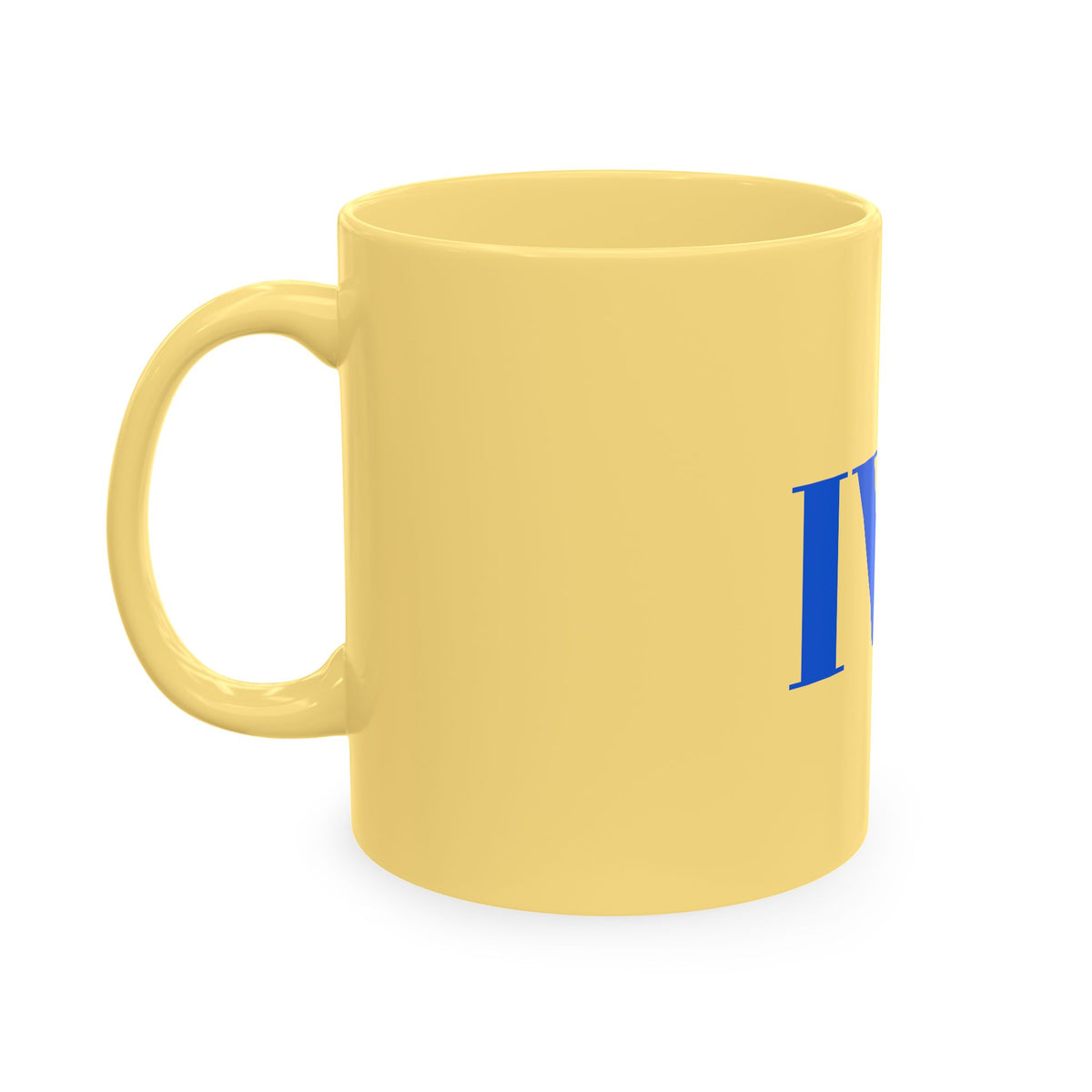 IWA Monogram Ceramic Mug — Minimalist Beige Coffee Cup with Bold Blue Letters