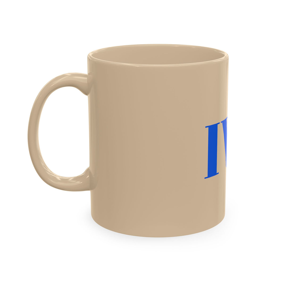 IWA Monogram Ceramic Mug — Minimalist Beige Coffee Cup with Bold Blue Letters