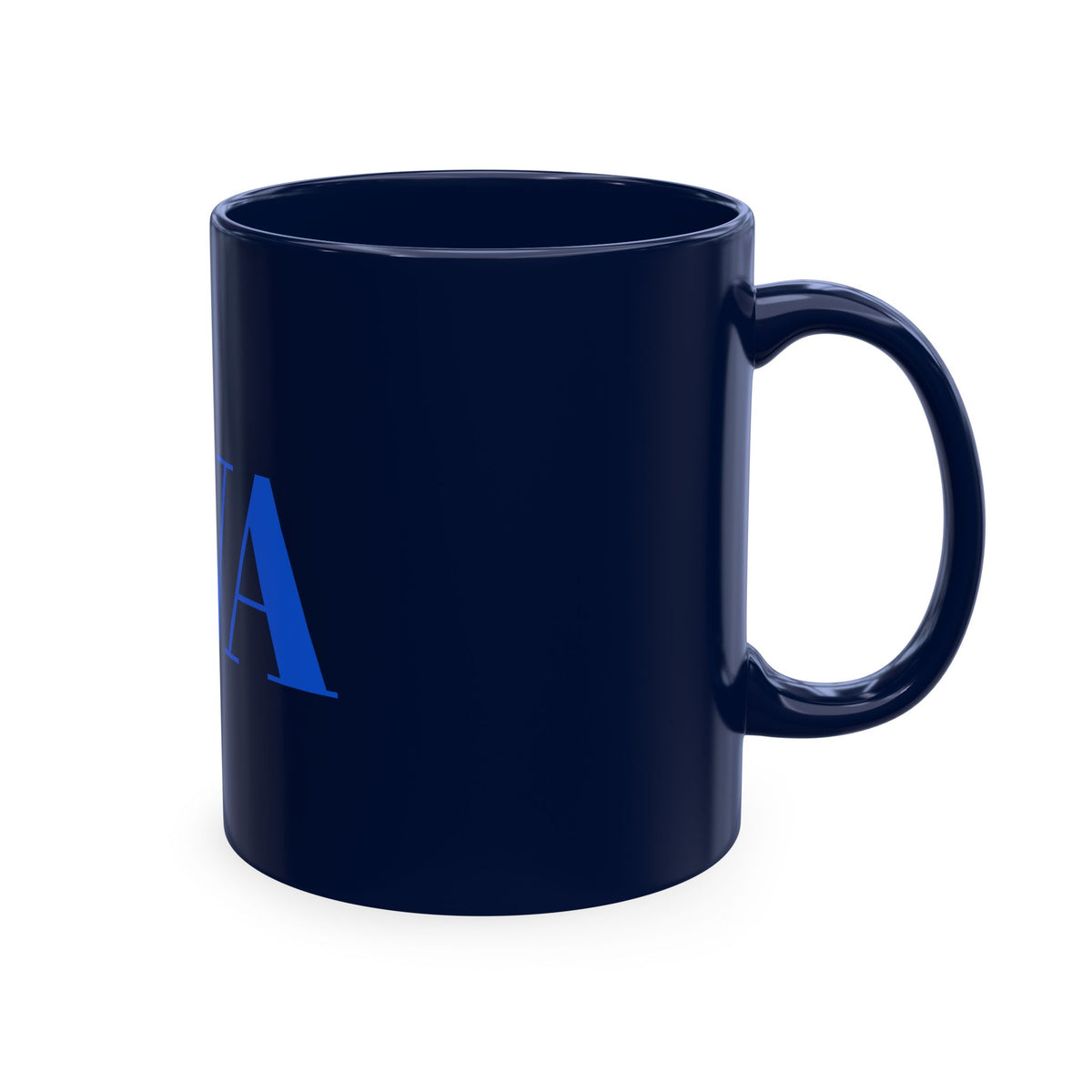 IWA Monogram Ceramic Mug — Minimalist Beige Coffee Cup with Bold Blue Letters