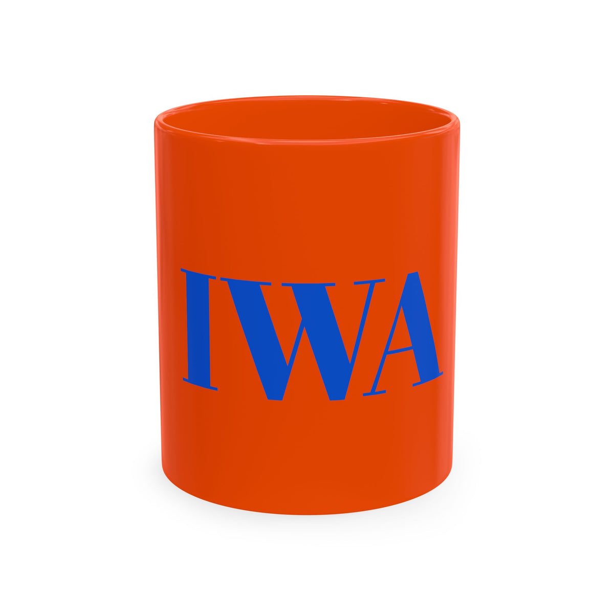 IWA Monogram Ceramic Mug — Minimalist Beige Coffee Cup with Bold Blue Letters