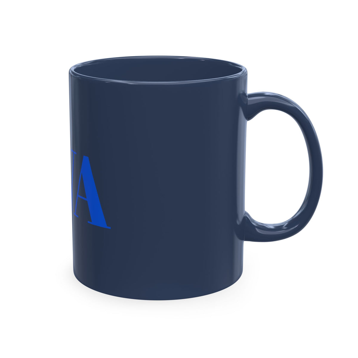 IWA Monogram Ceramic Mug — Minimalist Beige Coffee Cup with Bold Blue Letters