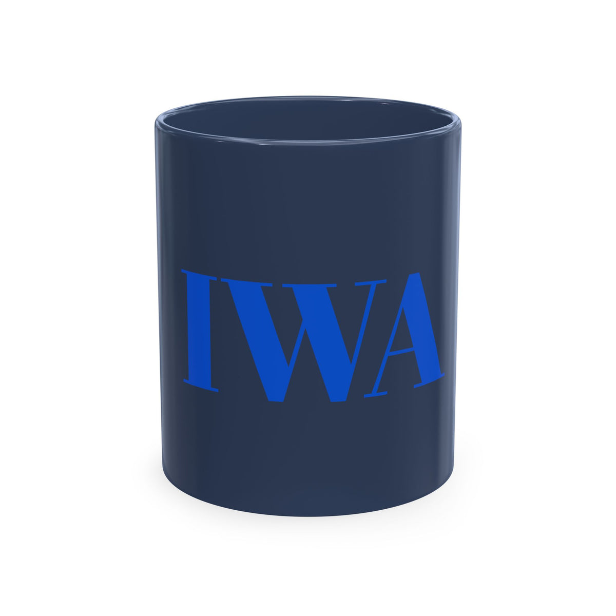 IWA Monogram Ceramic Mug — Minimalist Beige Coffee Cup with Bold Blue Letters