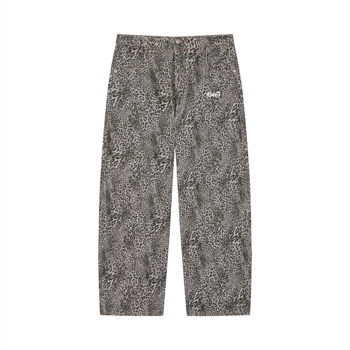 Unisex Vintage Wash Leopard Wide Leg Jeans