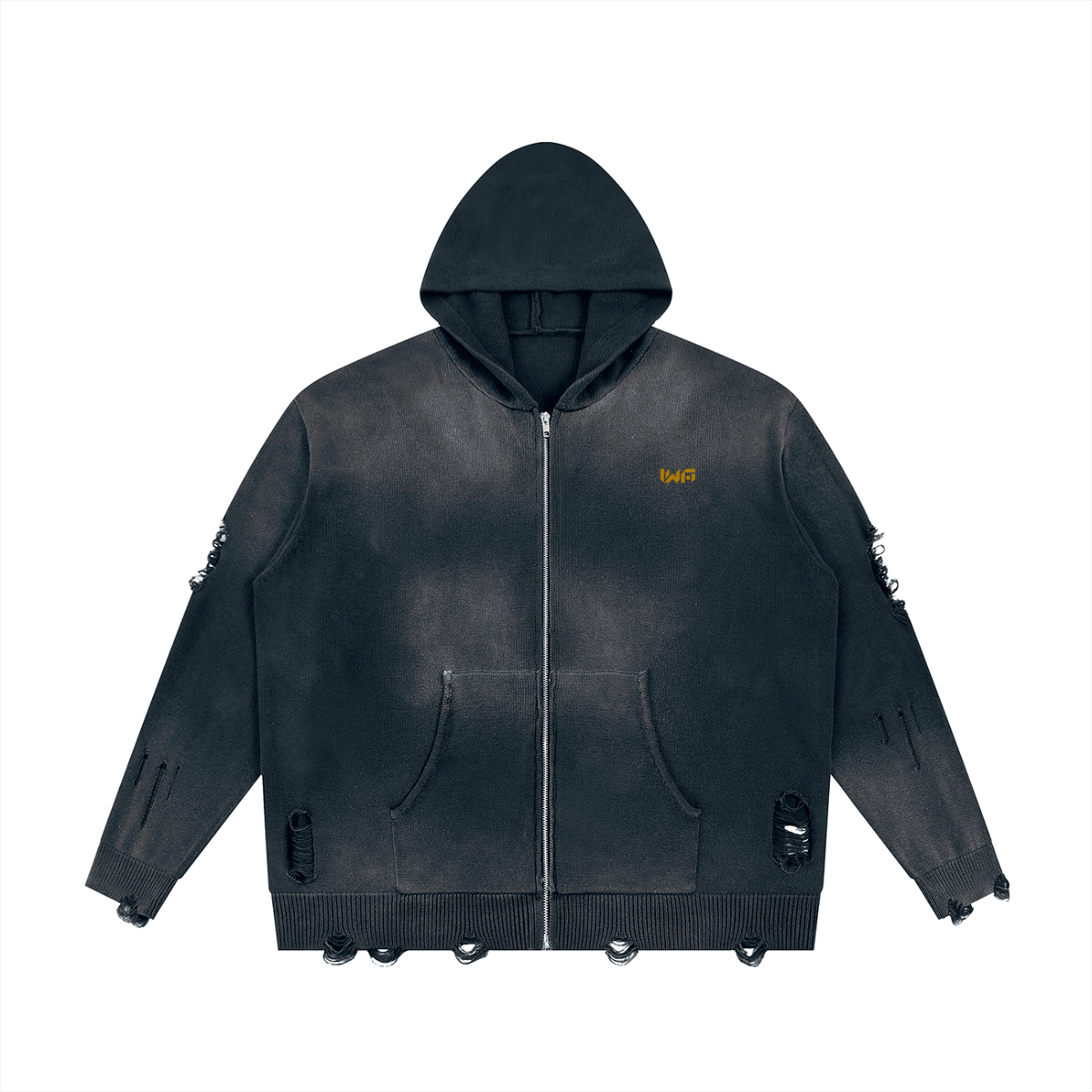 Unisex Distressed Full Zip Sweater